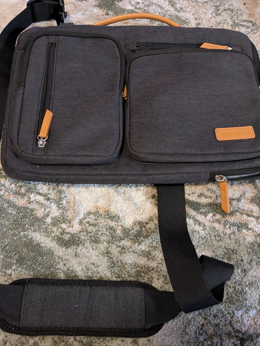 Black Crossbody Messenger Laptop Bag with Tan Accents